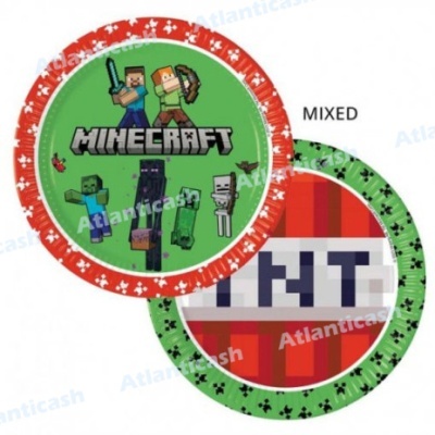 Dois pratos de papel redondos, tema Minecraft, cores verde, vermelho e personagens do jogo.