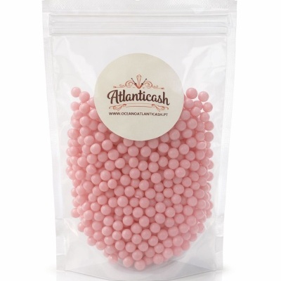 Embalagem transparente de esferas rosa com etiqueta Atlanticash