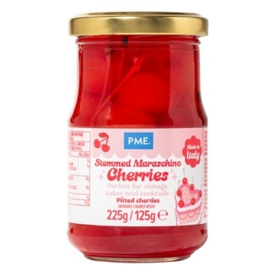 Frasco de vidro com cerejas maraschino vermelhas e etiqueta branca com texto em inglês