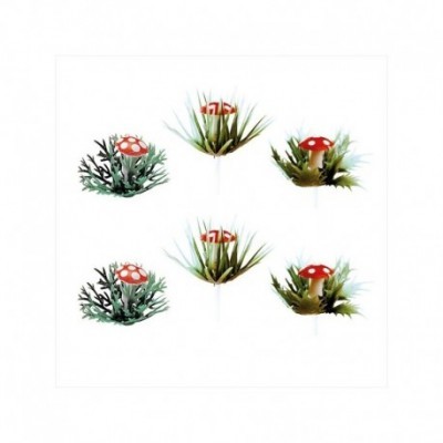 Miniaturas de cogumelos vermelhos com pintas brancas em bases verdes