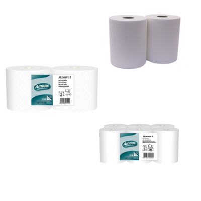 Três tipos de rolos de papel toalha branco, dois embalados com rótulo Amoos e um conjunto de dois rolos sem embalagem.