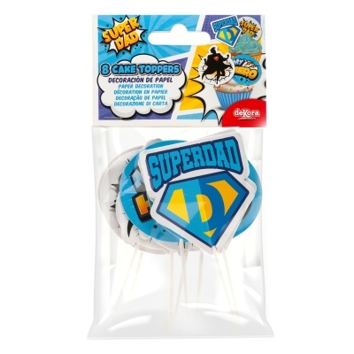 Pacote com toppers para bolos tema Super Dad em papel colorido.