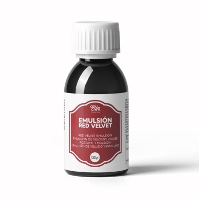 Frasco preto com tampa branca e rótulo vermelho e branco para emulsão Red Velvet