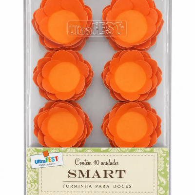 Caixa transparente com 40 forminhas para doces laranja em forma de flor
