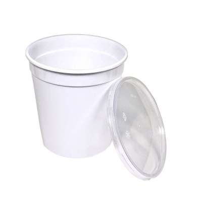 Recipiente de plástico branco com tampa transparente para armazenamento.