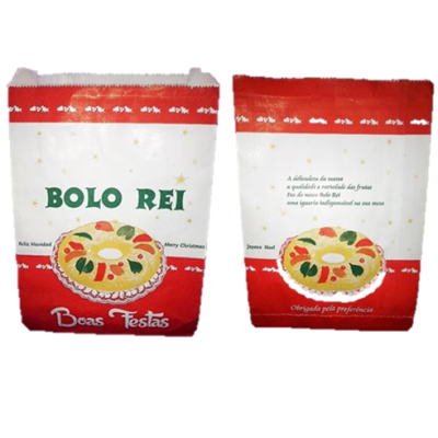 Pacote de papel vermelho e branco do Bolo Rei com imagem do bolo decorado e textos em português