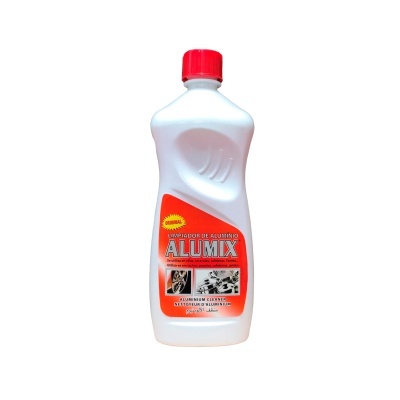 Frasco branco com tampa vermelha e rótulo vermelho ALUMIX