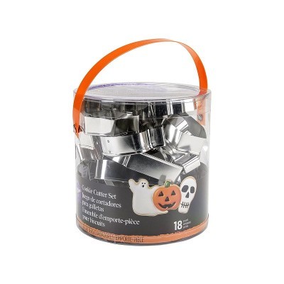 Conjunto de cortadores de bolachas metálicos para Halloween em embalagem redonda com pega laranja