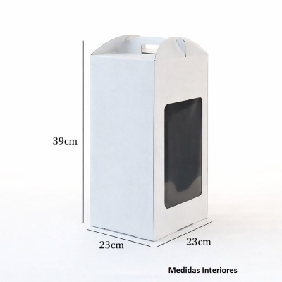 Caixa de embalagem branca alta com janela transparente e alça