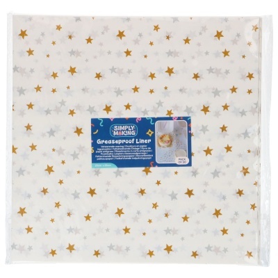 Papel anti-gordura com padrão de estrelas douradas e cinzentas em embalagem transparente