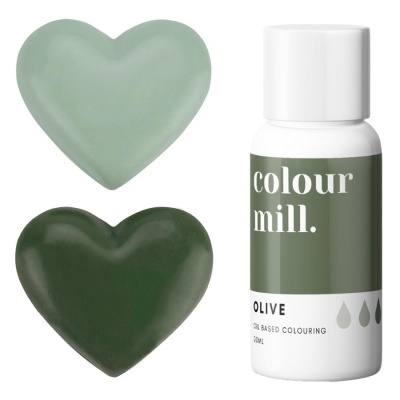 Frasco de corante colour mill cor OLIVE com amostras em forma de coração em verde claro e verde escuro
