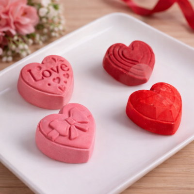 Quatro sabonetes em forma de coração rosa e vermelho numa travessa branca com decoração floral ao fundo.