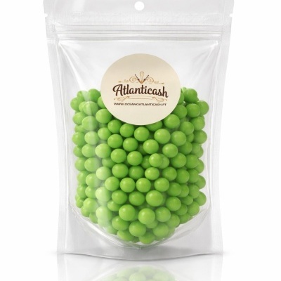 Pacote de esferas verdes transparentes com etiqueta AtlanticaSh