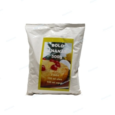 Pacote branco de preparação para bolo de ananás 500g com etiqueta amarela