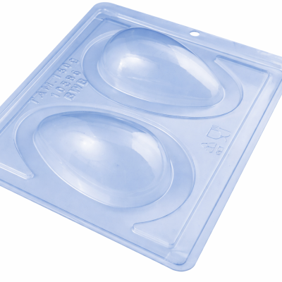 Molde de plástico transparente com duas cavidades em forma de ovo