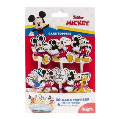 Cake toppers com personagens Disney Mickey Mouse em embalagem colorida