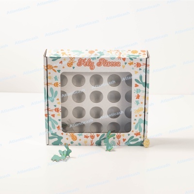 Caixa de Páscoa decorada com padrão floral e janela transparente