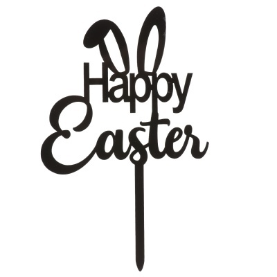 Decoração preta com texto 'Happy Easter' e orelhas de coelho