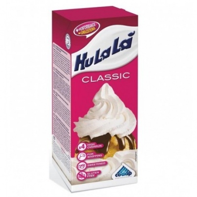 Embalagem rosa e branca de creme vegetal Hulalá Classic com chantilly na frente