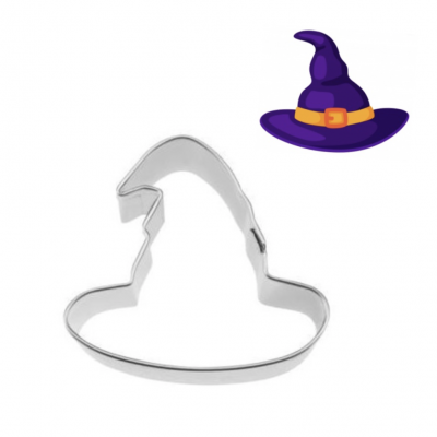 Forma de metal prateado para bolachas em forma de chapéu de bruxa com ilustração do chapéu roxo