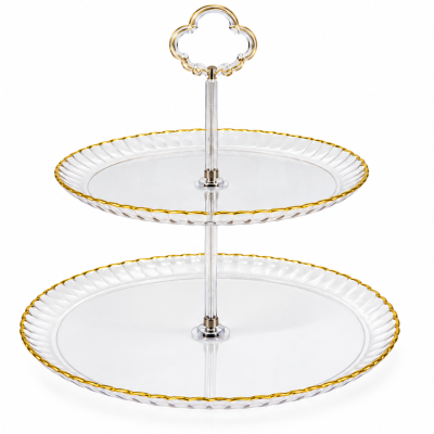 Suporte para bolos de vidro com bordas douradas e duas camadas.