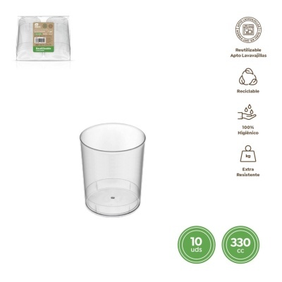 Copo plástico transparente reutilizável 330 cc, 10 unidades, embalagem e ícones de características.