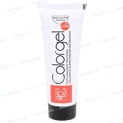 Tubo branco de colorante alimentício Colorgel com tampa preta e texto preto e vermelho