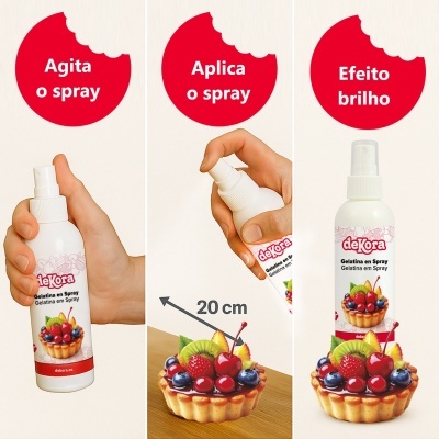 Frasco de spray branco de gelatina em spray com rótulo e aplicação sobre tarte de frutas.