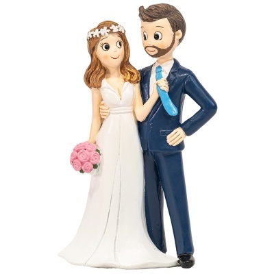 Figura de noivos em resina com vestido branco e fato azul escuro