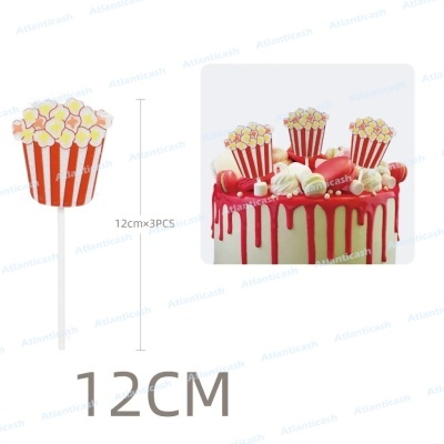 Topo de bolo decorativo em forma de balde de pipocas vermelho, branco e amarelo