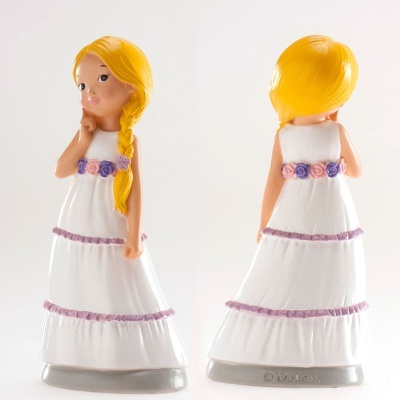 Figura decorativa de rapariga com vestido branco e flores roxas