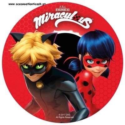Imagem circular com personagens Miraculous sobre fundo vermelho com texto.
