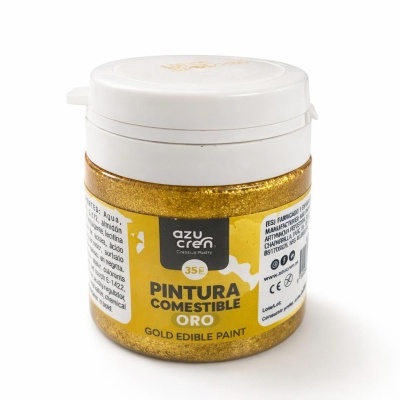 Frasco de tinta comestível dourada com tampa branca e rótulo amarelo