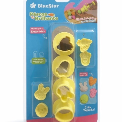 Moldes amarelos para decoração em embalagem azul e rosa com texto Páscoa Brilhante BlueStar.