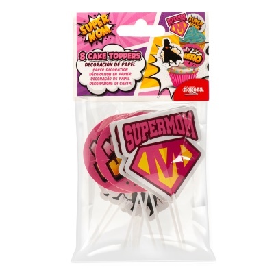 Conjunto de 8 cake toppers Super Mom em papel com varas brancas embalada em saco plástico.
