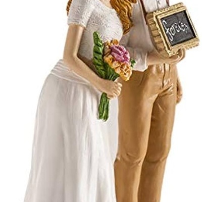 Figurina de noivos em resina com vestido branco e quadro 'forever'