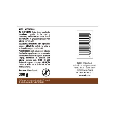 Rótulo de produto ácido cítrico monohidratado com informações técnicas e código de barras