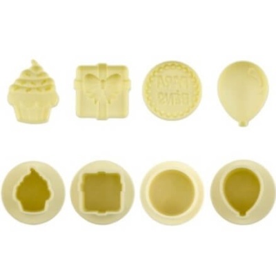 Cortadores de massa amarelos com formas de cupcake, presente, bolacha com texto e balão