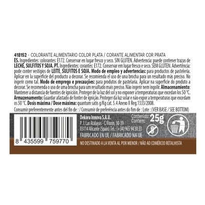 Etiqueta de produto alimentício com texto em espanhol e português, código de barras e informações de uso.