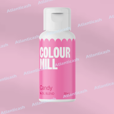 Frasco branco com rótulo rosa e texto branco e rosa de óleo com 20ml