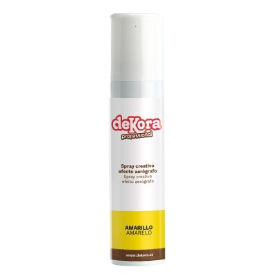 Spray aerógrafo amarelo da marca Dekora Professional com tampa branca.