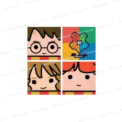 Quatro desenhos cartoon de personagens com fundo colorido em quadrados