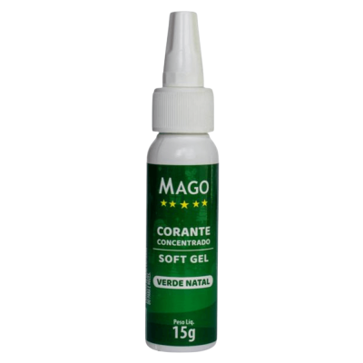 Garrafa branca com rótulo verde de corante concentrado soft gel