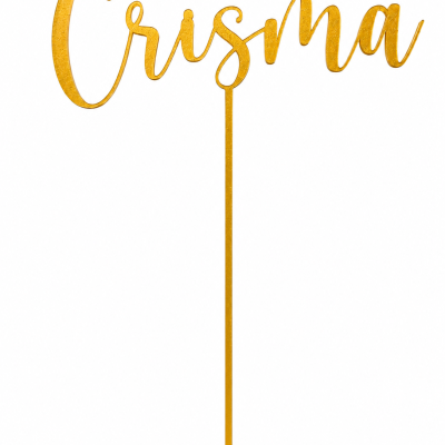 Topo de bolo dourado com a palavra Crisma em letra cursiva