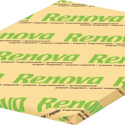 Pacote retangular de papel vegetal Renova bege com texto verde e preto