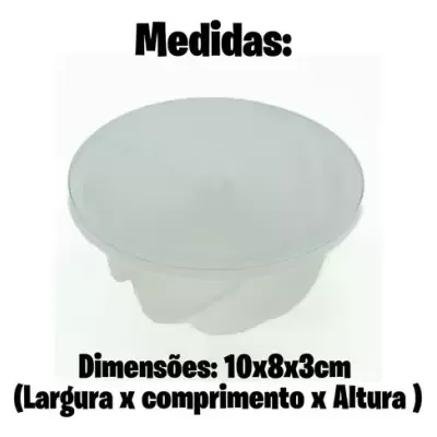 Produto plástico translúcido arredondado com dimensões 10x8x3cm e texto em preto