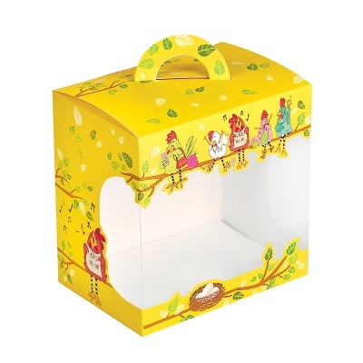 Caixa amarela para bolos com desenhos de galinhas e folhas verdes