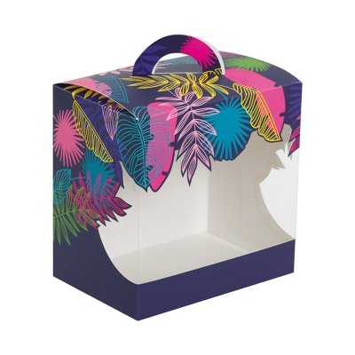 Caixa de embalagem em papel cartão com padrão colorido e janela transparente