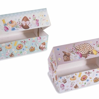 Duas caixas de cartão decoradas com motivos de Páscoa e tampas abertas