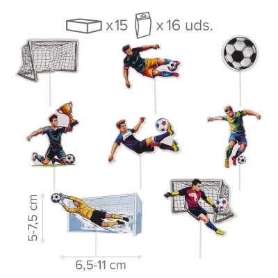 Decorações de futebol em palitos com jogadores, bolas e redes em várias cores.